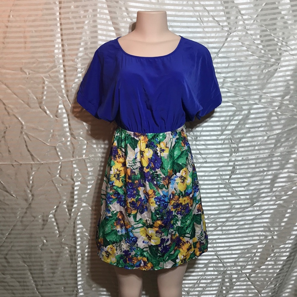 Anna Grace Floral Open Back Fit & Flare Dress Blue Green Small